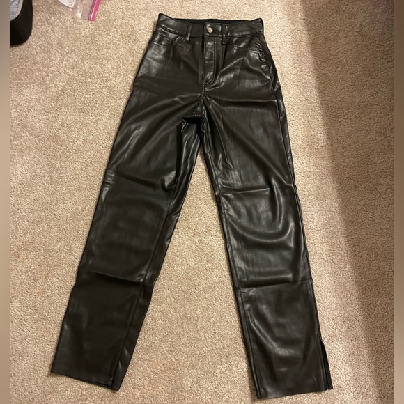 Super High Waisted Faux Leather Vented Hem Modern Straight Pant - Picture 9 of 9
